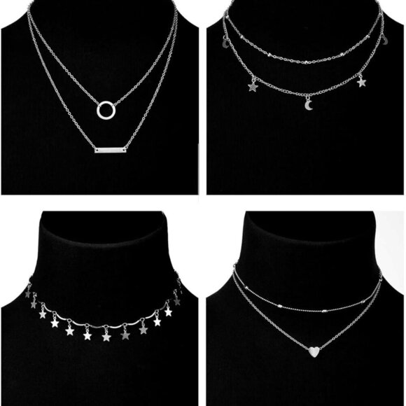 9 Pieces Women Girls Sliver Layered Chain Choker Necklace Layered Pendant Choker - Picture 2 of 8